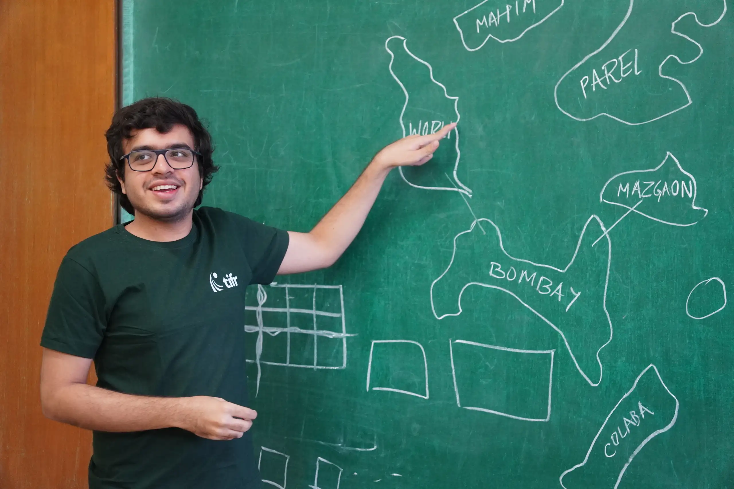 Me pointing at the blackboard