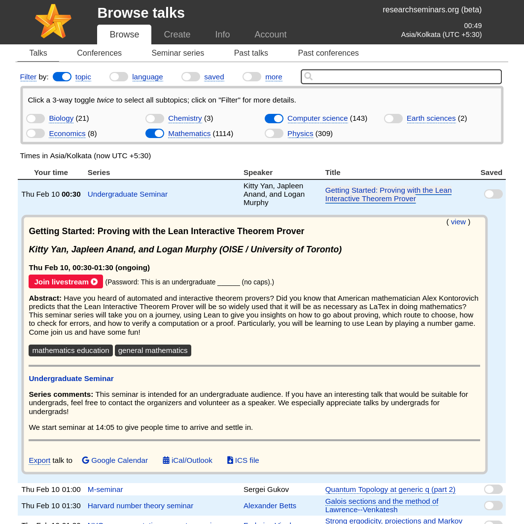 Screenshot of the homepage of researchseminars.org