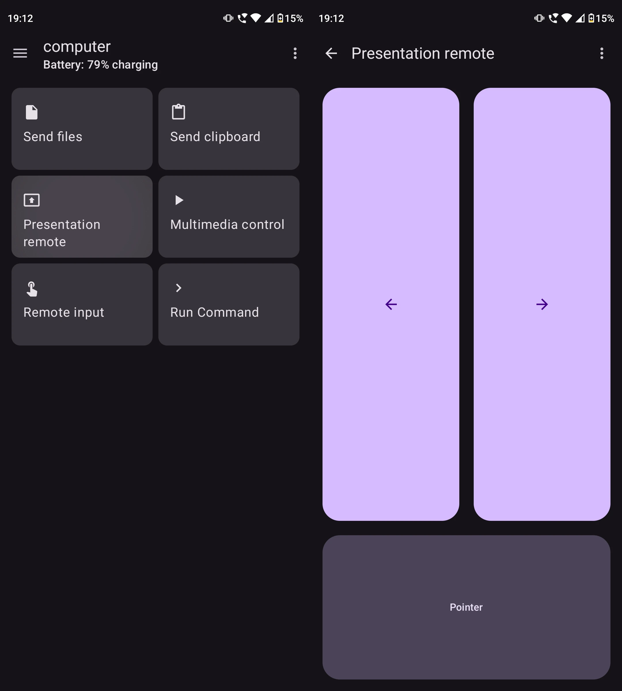 Screenshots of the KDE Connect homescreen and the Presentation remote interface