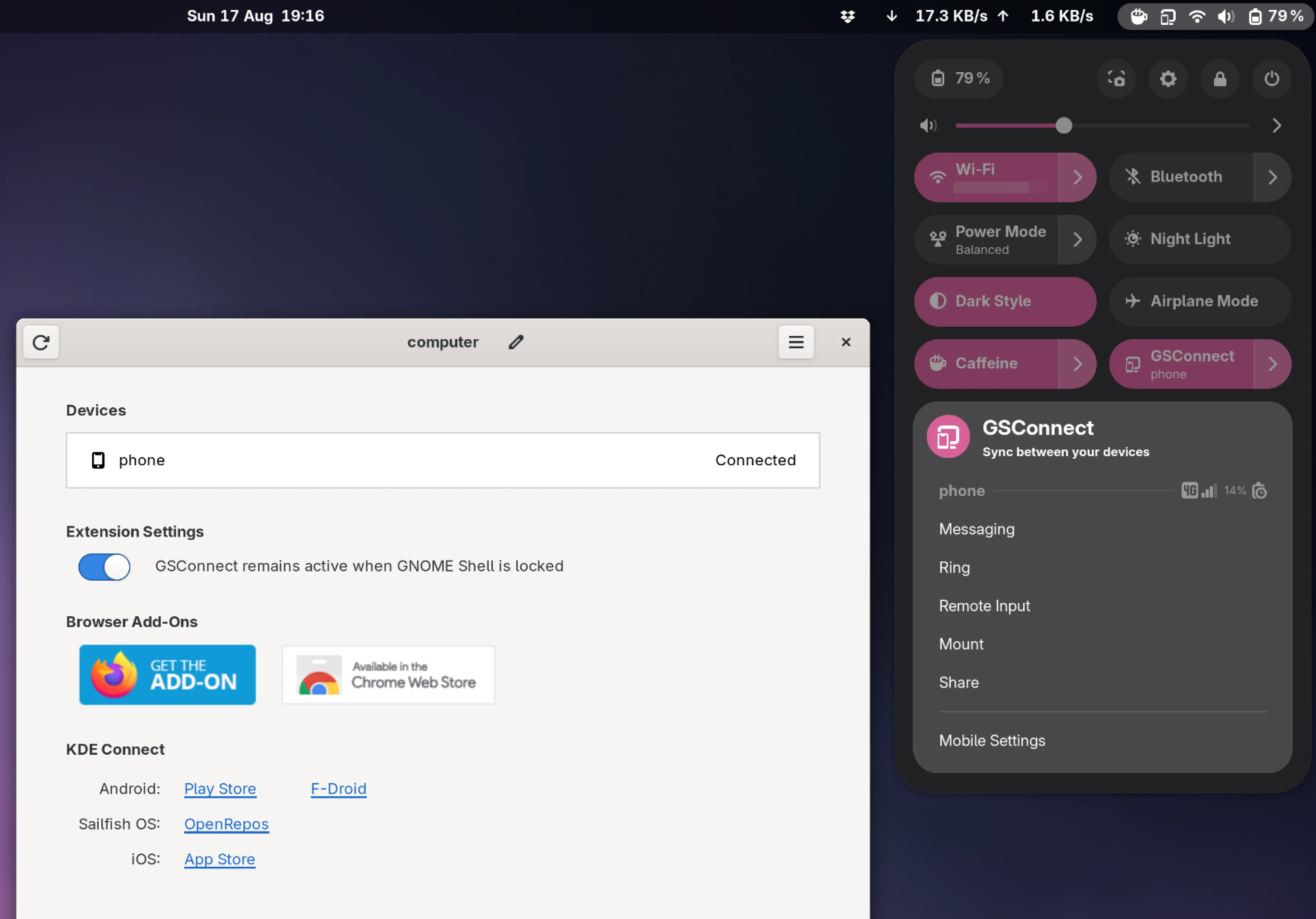 Sending commands to your phone from GNOME quick settings