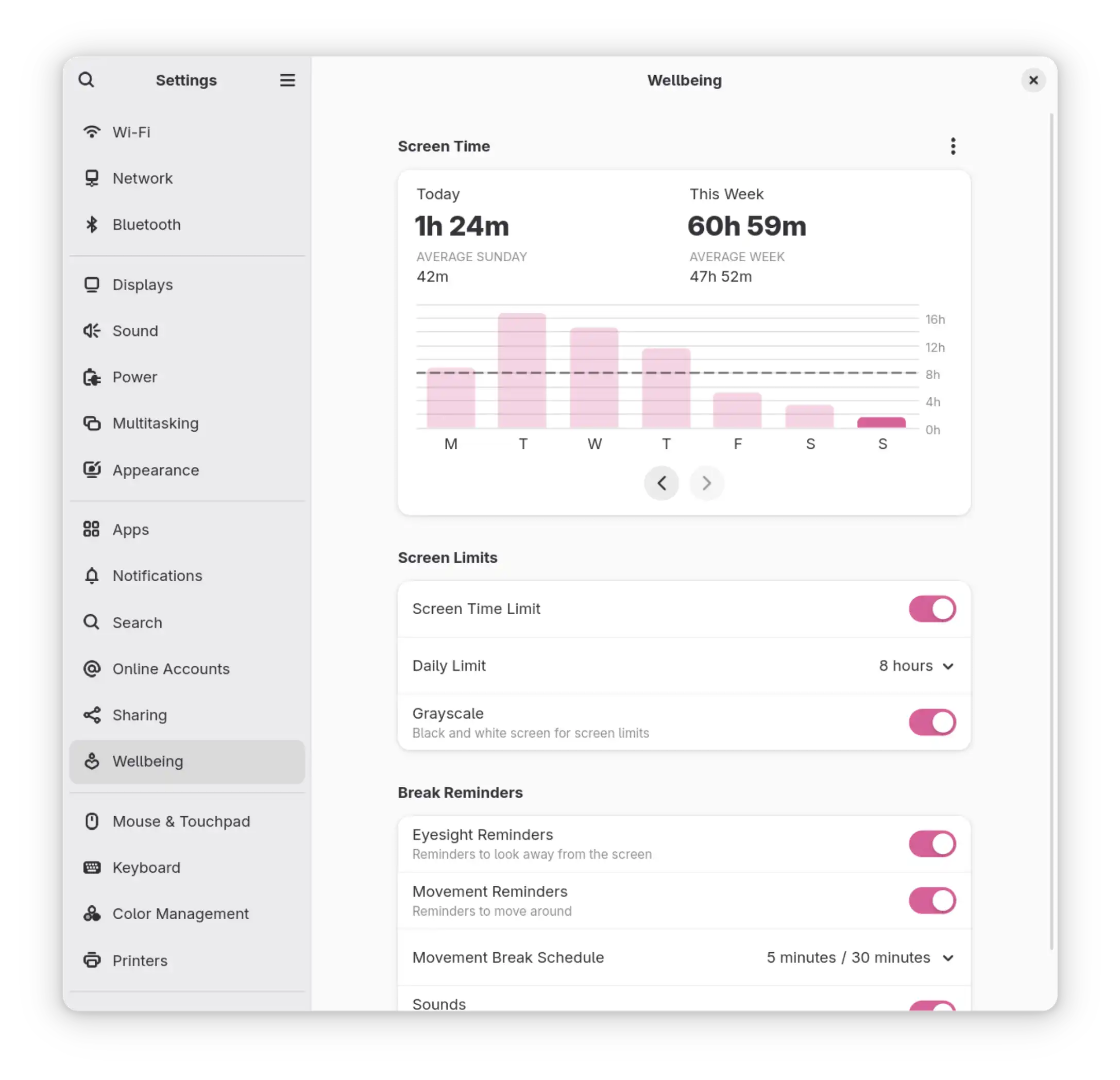 The wellbeing interface in GNOME settings.