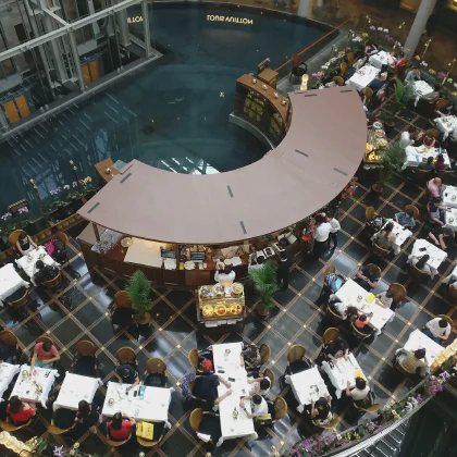 View of a restaurant that looks like a poké ball from above