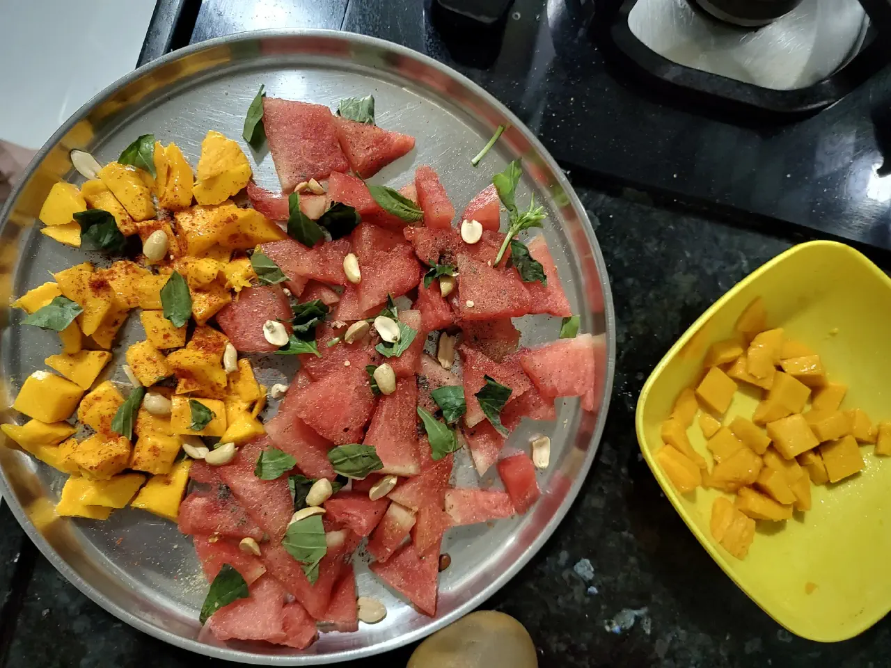 Mango watermelon salad, cut and ready-to-eat.