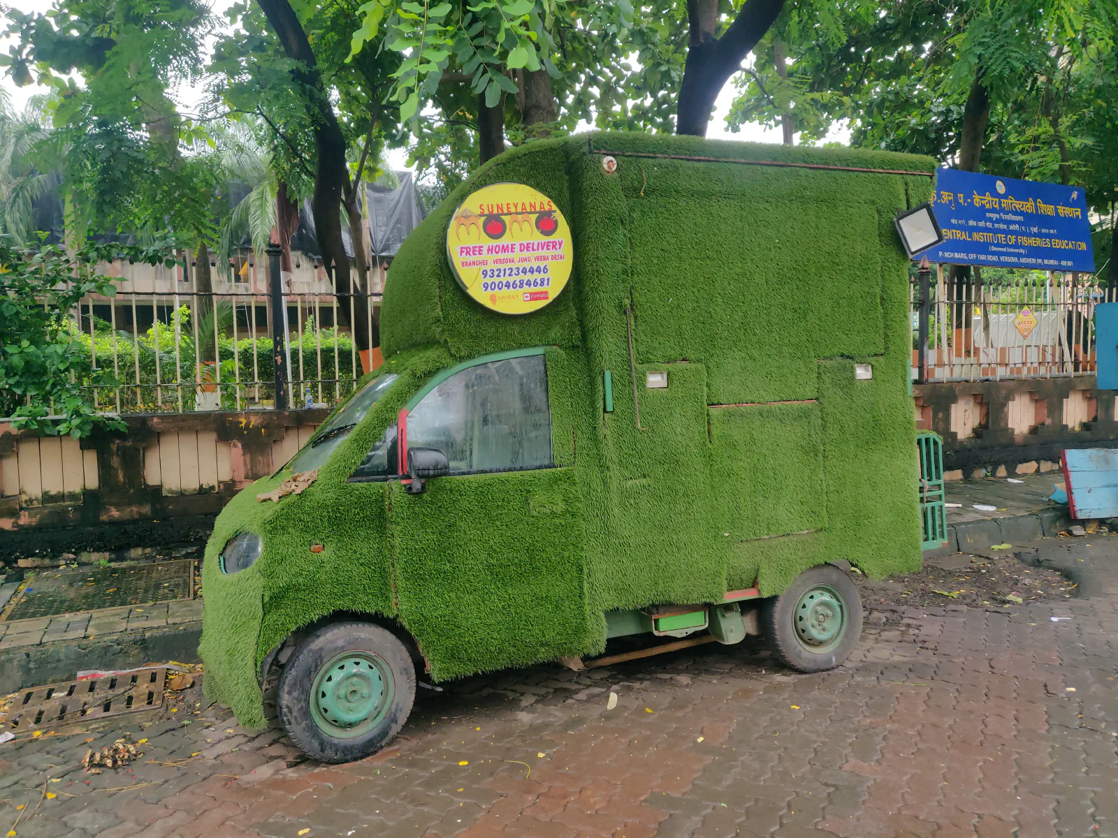 Parked tempo covered with patches of green grass