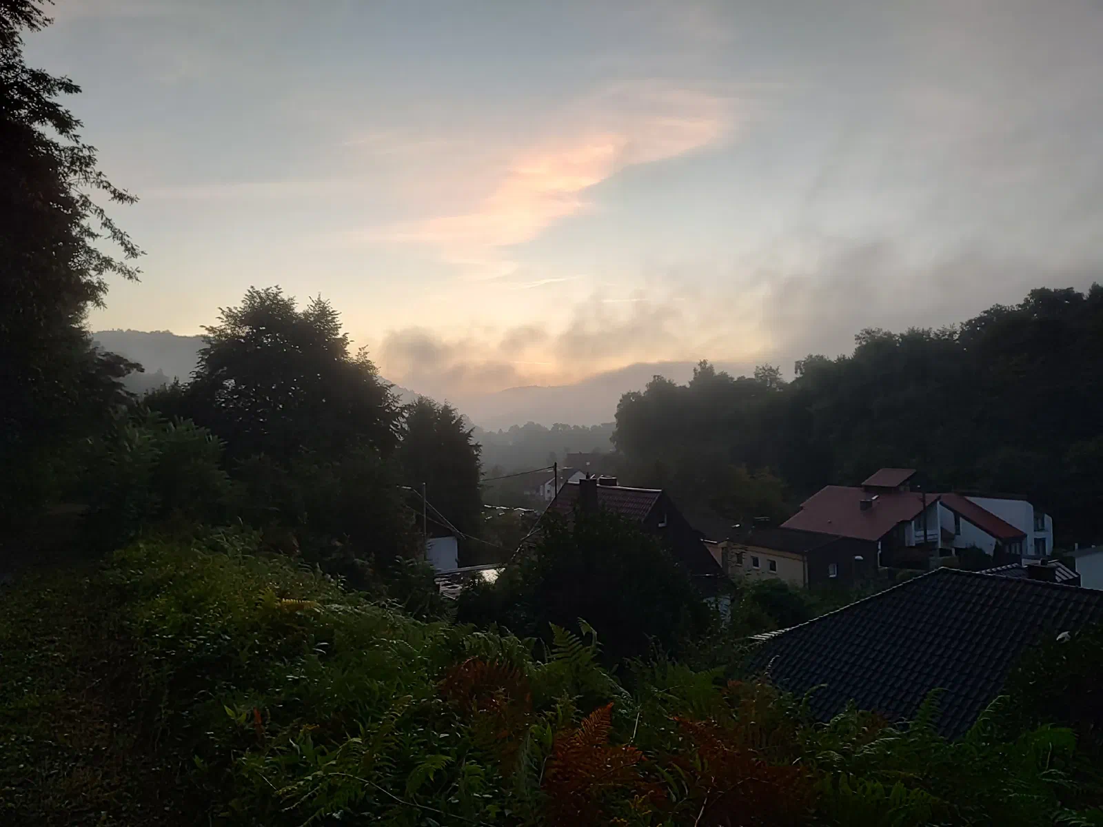 A view of houses and trees in the valley with golden clouds in the blue sky.