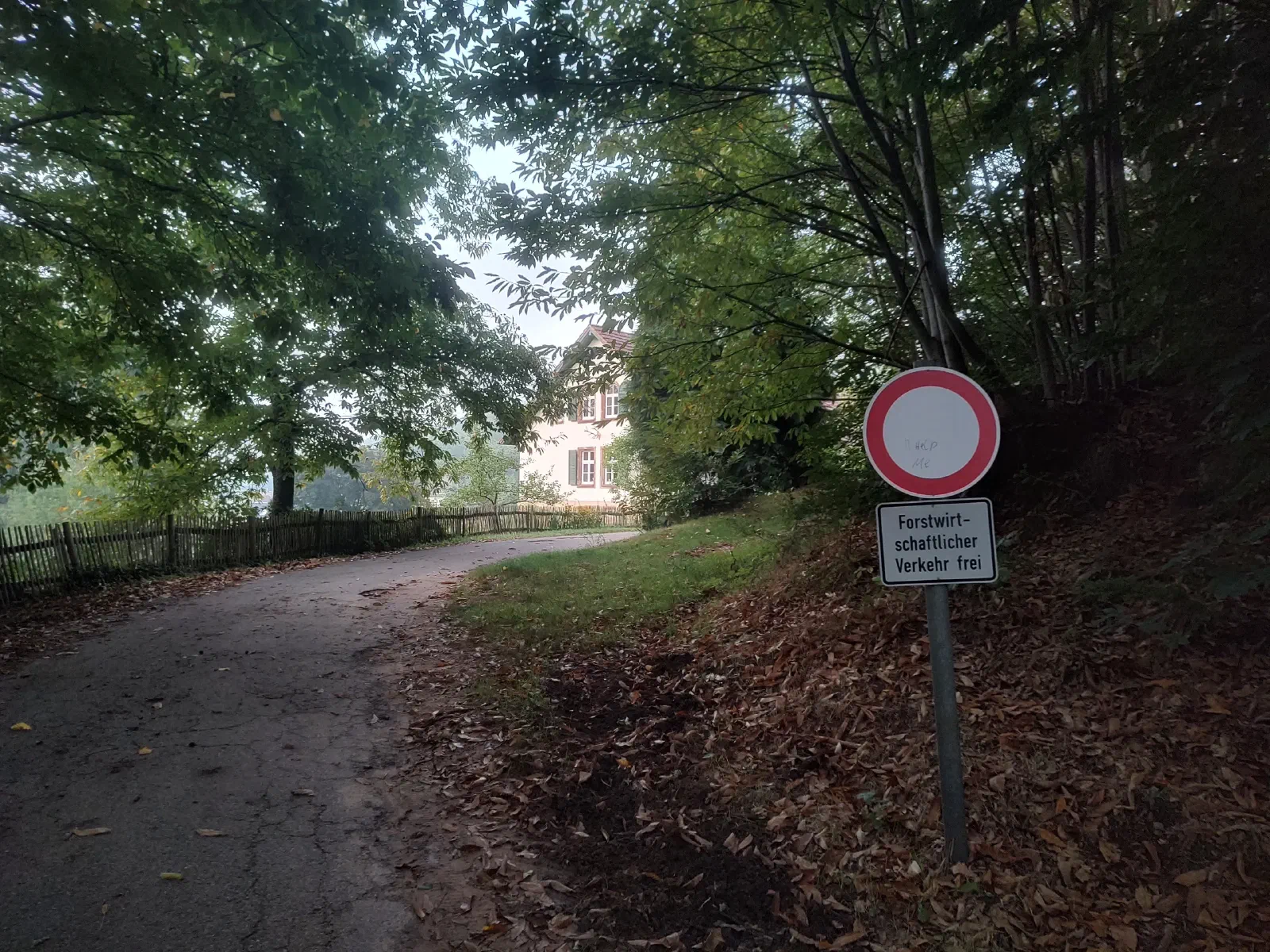 A road sign with printed text "Forstwirt - schaftlicher Verkehr frei" and handwritten text "Help me".