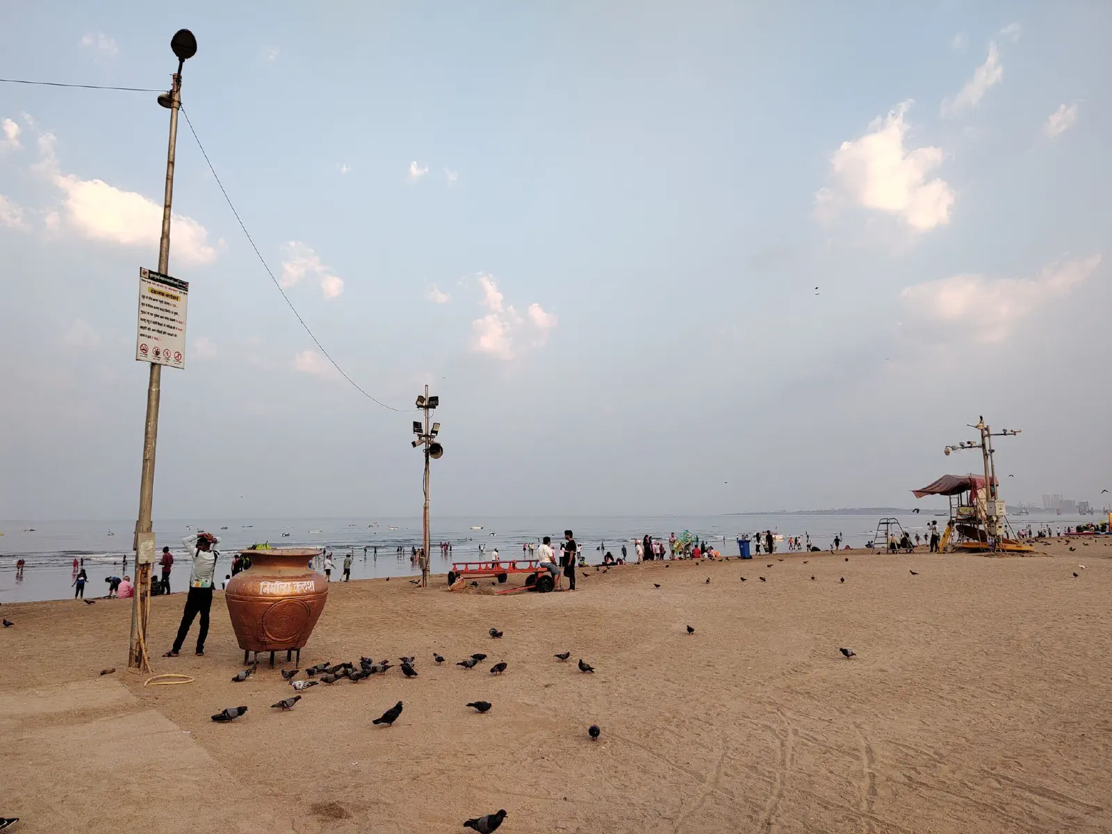 Pigeons hunt and peck in the sand at Juhu beach.
